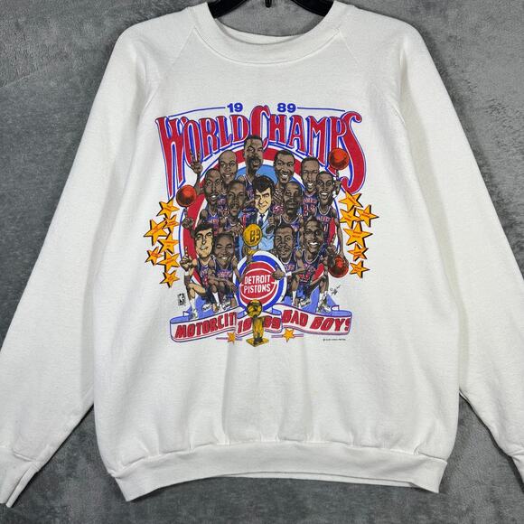 VINTAGE 1989 Detroit Pistons Sweatshirt Men's XL‎ Caricature Crew NBA Champions - Picture 1 of 8
